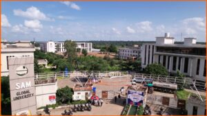 Front view of SAM Global University, showcasing its state-of-the-art campus and welcoming environment for holistic education.